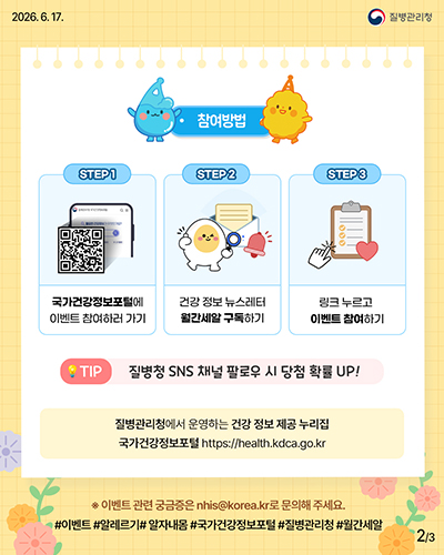 참여방법 국가건강정보포털에 이벤트 참여하러 가기 건강 정보 뉴스레터 월간세알 구독하기 링크 누르고 이벤트 참여하기 질병청 sns 채널 팔로우 시 당첨 확률 up! 질병관리청에서 운영하는 건강 정보 제공 누리집 국가건강정보포털 https://health.kdca.go.kr